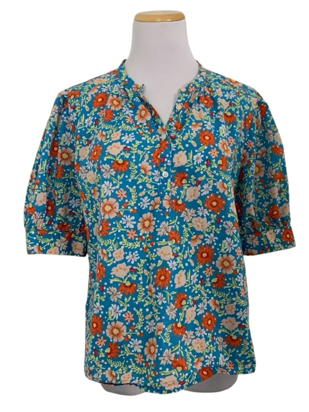 Loft Outlet Floral Puff Sleeve Top Womens M V Neck Button Popover Cotton